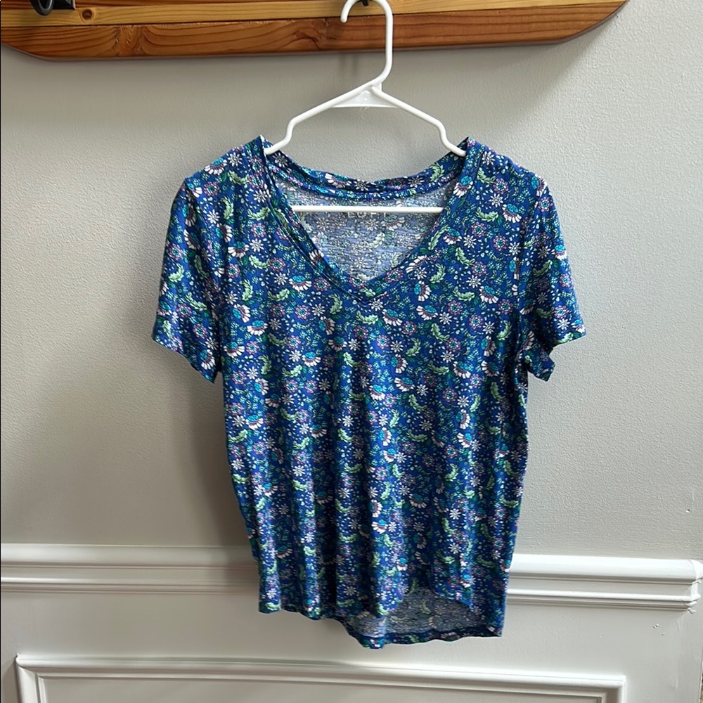 Women’s LOFT Floral Blue V-Neck Short Sleeve Top